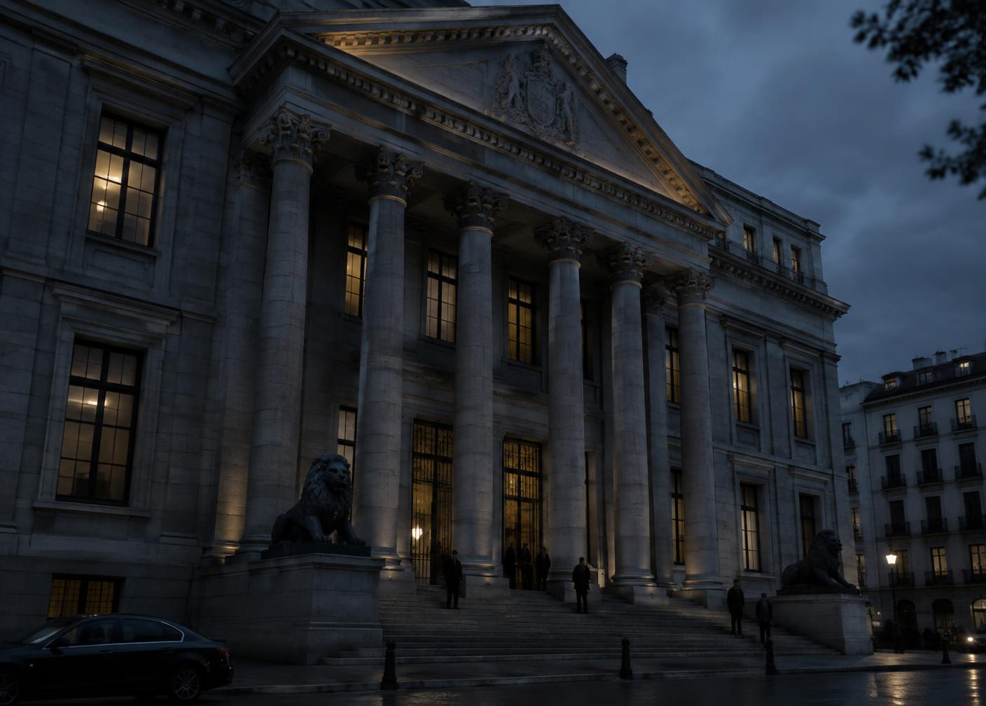 Courthouse facade at dusk